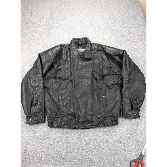 Vintage Pere Mar Leather Biker Bomber Motorcycle Jacket Mens Large Black Pockets - Picture 1 of 13